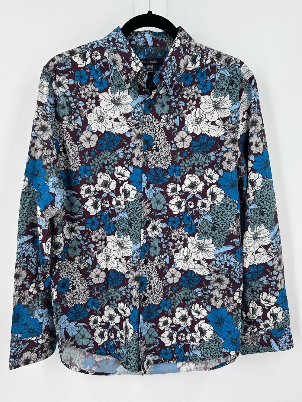 Lords of Harlech Morris Linear Floral Bordeaux Shirt Men's Small S EUC Blue